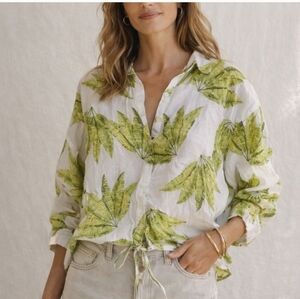 Tropical Palm Print Cotton Blouse Resort Wear Coastal Vacation Vibes Buttom Down